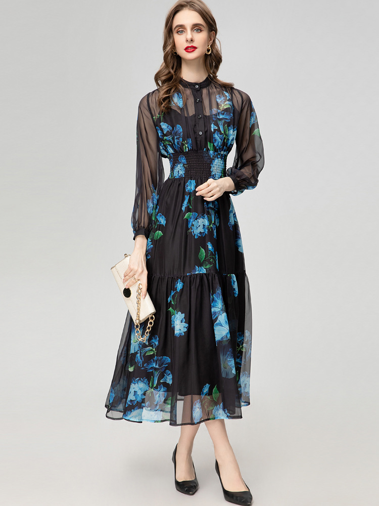 Women's Runway Dresses O Neck Long Sleeves Elastic Waist Printed Floral Fashion High Street Designer Mid Vestidos