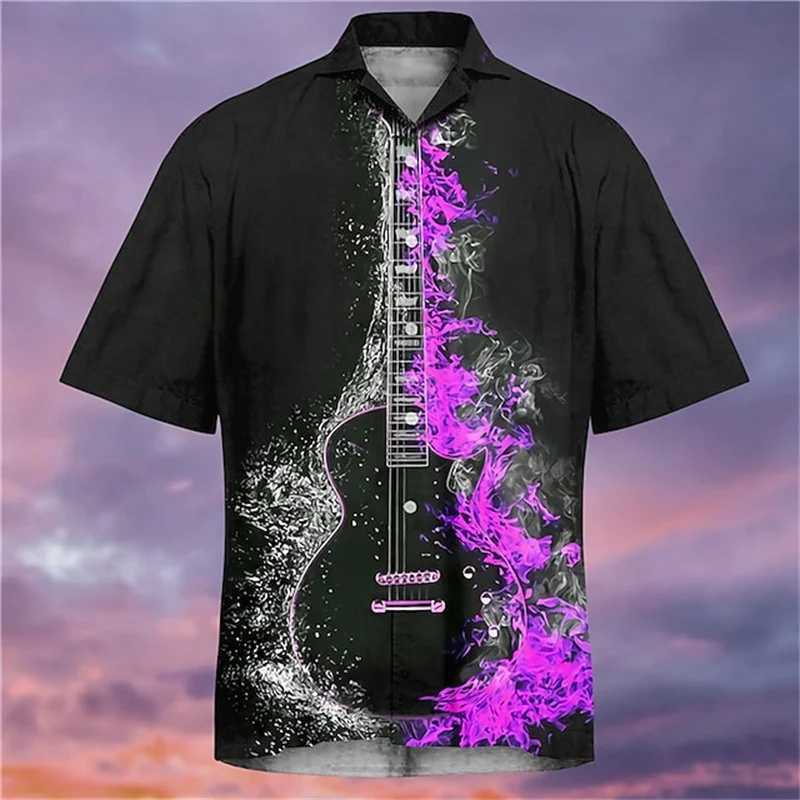 Camisas casuais masculinas Moda masculina Hawaiian Cirche Música Padrão de guitarra curta Manga curta Cuba Collar Leisure Seaside Summer Holiday 240416