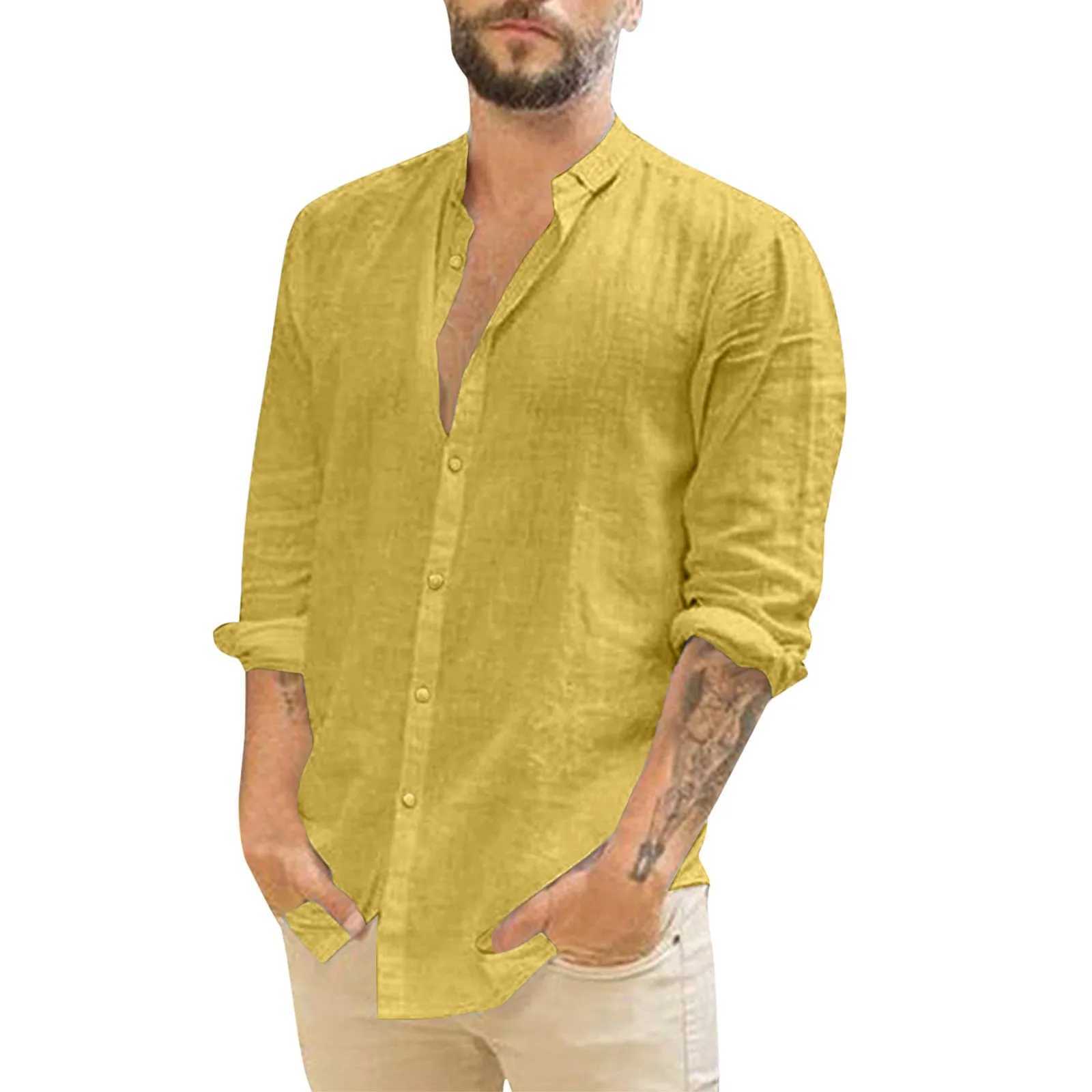 Camisas casuais masculinas linho de algodão Camisa verde masculina de manga longa de verão colar de cor sólida colar de praia Blouse PLUS TAMANHA 24416
