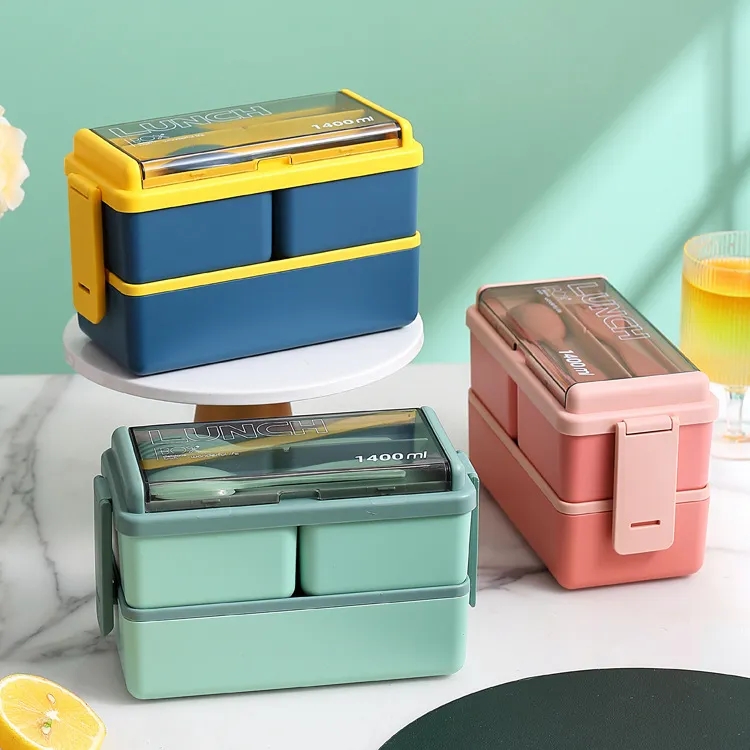 Doppelschicht tragbare Lunchbox für Kinder mit Gabel- und Löffel Microwave Bento Boxes Dinnerwaren Set Lebensmittelspeicherbehälter