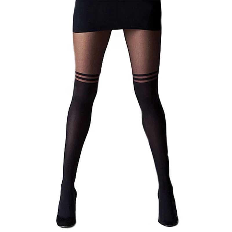 KCSH sexy Socken schwarze sexy Frauen Versuchung bloße Mock -Hosenträger Strumpfhosenstrümpfe cooler Mock über dem Knie Doppelstreifen anstrahlten Strumpfhosen 240416