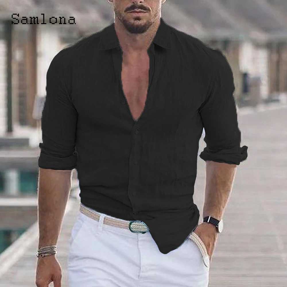 Camicie casual maschile uomini girare in lino girare top a maniche lunghe 2023 camicetta di moda europea ultima camicia estiva abbigliamento da uomo 240416