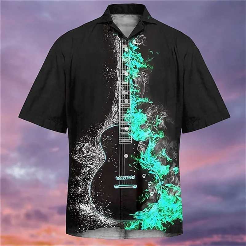 Mäns casual skjortor mode mens hawaiian skjorta musik gitarrmönster kort ärm överdimensionerad kuba krage fritidsrease sommarlovet 24416