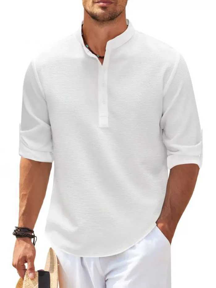 Men's Casual Shirts Cotton Linen Hot Sale Mens Long-Sleeved Spring Autumn Solid Color Stand-Up Collar Beach Style Plus Size S-5XL 24416