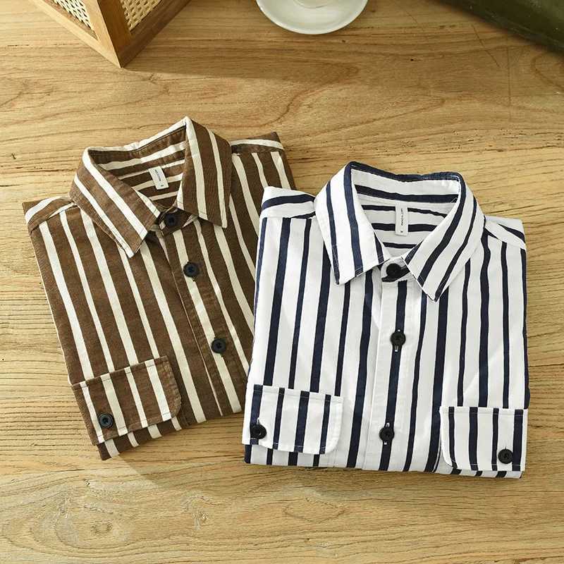 Chemises décontractées pour hommes 2023 Classic Mens Business Fashion Pocket Pocket Pocket Stripe Stripe Long à manches à manches automne