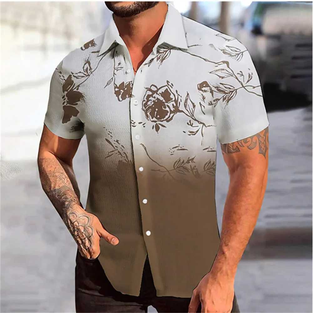 メンズカジュアルシャツ2024新しいメンズシャツハワイアンプリント半袖トップフリップカラー夏3D 24416