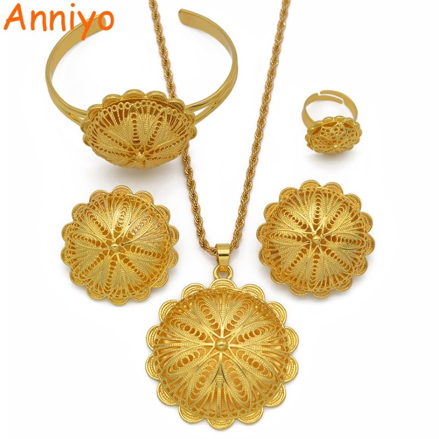 Anniyo Ethiopian Jewelry sets Pendant Necklaces Earrings Ring Bangles for Womens Gold Color Eritrean African Bride Gifts #207506 M336v