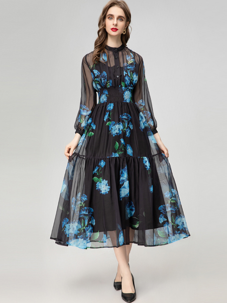Women's Runway Dresses O Neck Long Sleeves Elastic Waist Printed Floral Fashion High Street Designer Mid Vestidos