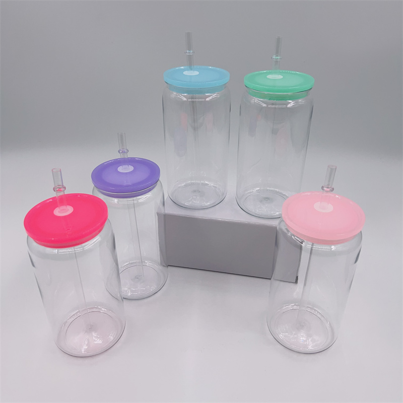 Unbreakablea 16Ozs Plastic Can Cups Acrylic Tumbler Reusable BPA Free Sippy Cup Drinking Cold Iced Juice Jar Beverage Mugs with Colored Lids Straws for UV DTFラップ