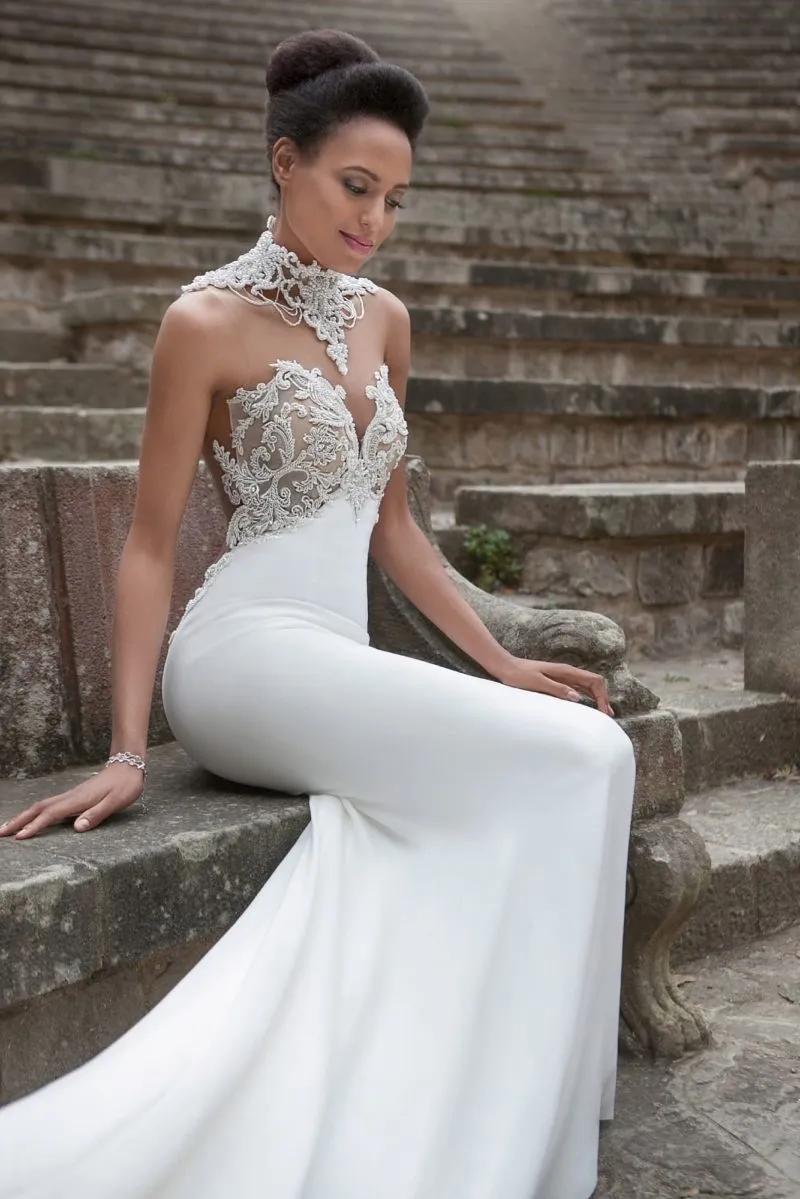 Boho Garden Mermaid Wedding Dresses Gorgeous Beading Pearls High Halning med Applique Lace Bridal Clows Court Train Slim Fit Backless Bride Robes de Mariee CL2965