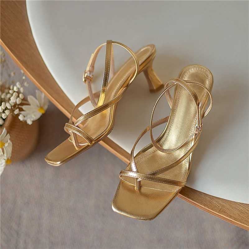 Sandalen Meotina Sandalen Damen echte Leder Sandalen schmale Band High Heels Quadratische Dünne High Heels Damenschuhe Sommer 43 J240416