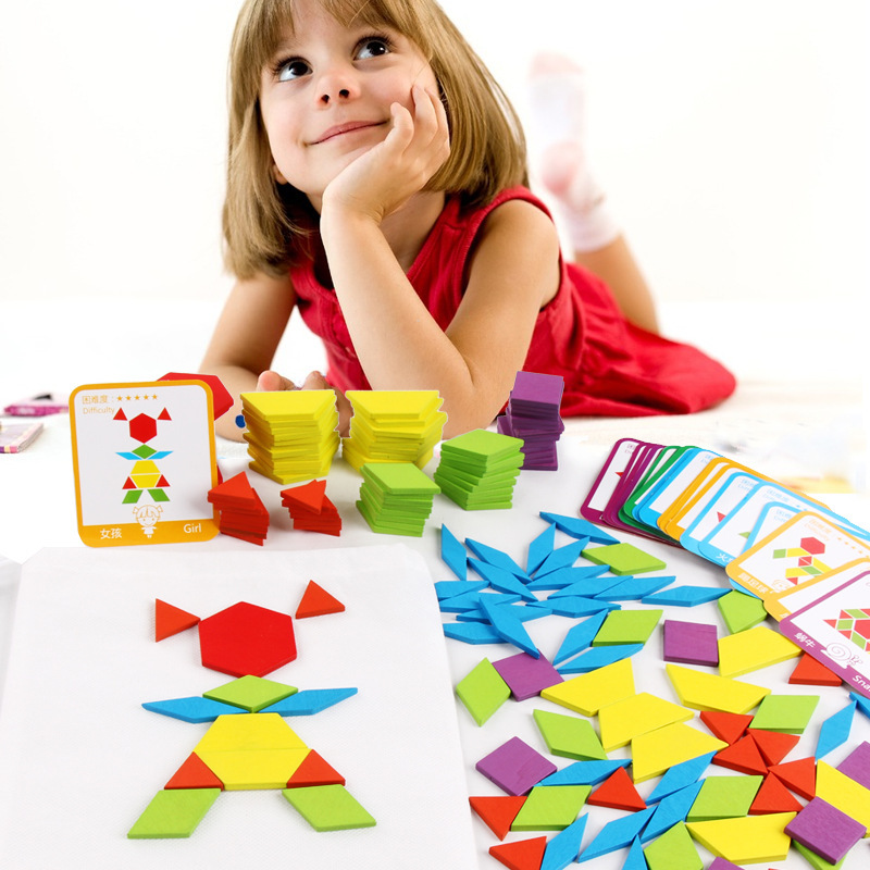 الأطفال تعلم ما قبل المدرسة لتعلم Tangrams لعبة الدماغ الدعابة التعليمية لعبة خشبية الشكل الكتل نمط الكتل نمط نمط