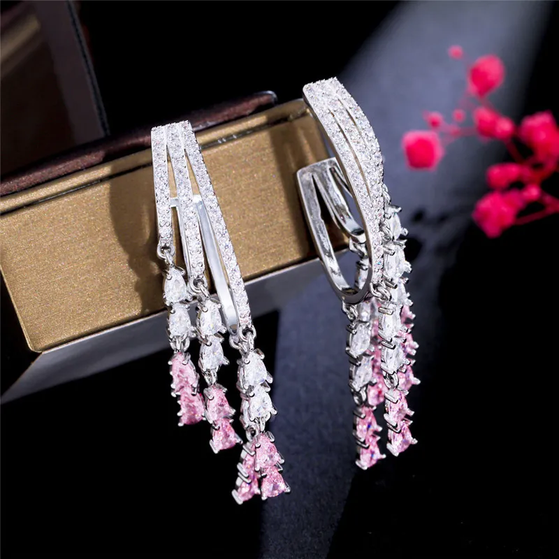 Charm Long Tassel Pink AAA Zirconia Cubic Earring Designer for Woman Party 925 Sterling Silver Post Diamond Earrings South American Wedding Engagement Jewelry