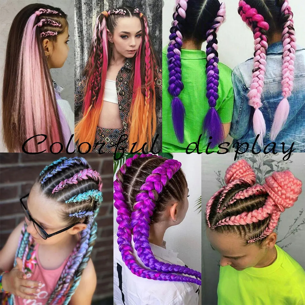 Capelli intrecciati intrecciati Colori arcobaleno estensioni in fibra mix a quattro setosi torilli colorati capelli intrecciate in trecce sintetiche colorate la treccia da ragazza