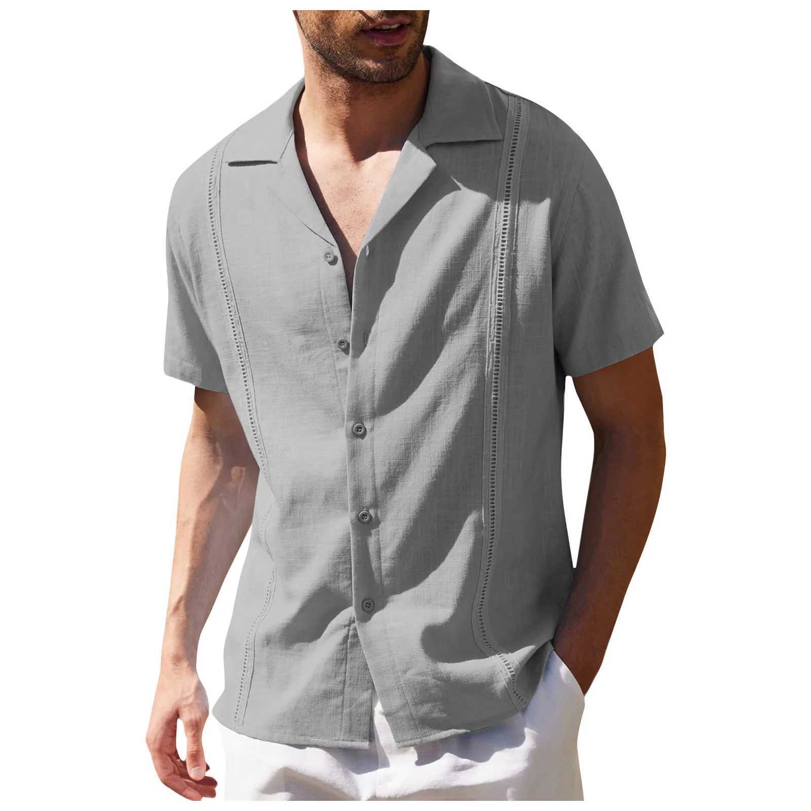 남성용 캐주얼 셔츠 남성 전통 쿠바 캠프 칼라 guayabera 셔츠 짧은 소매 자수 부드러운 통기성 단색 해변 24416