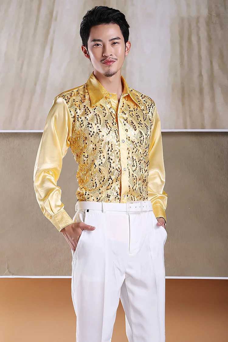 Camicie casual maschile luccicanti paillettes oro glitter camicia a maniche lunghe 2023 Nuova Fashion Nightclub Party Stage Chemis Homme 240416