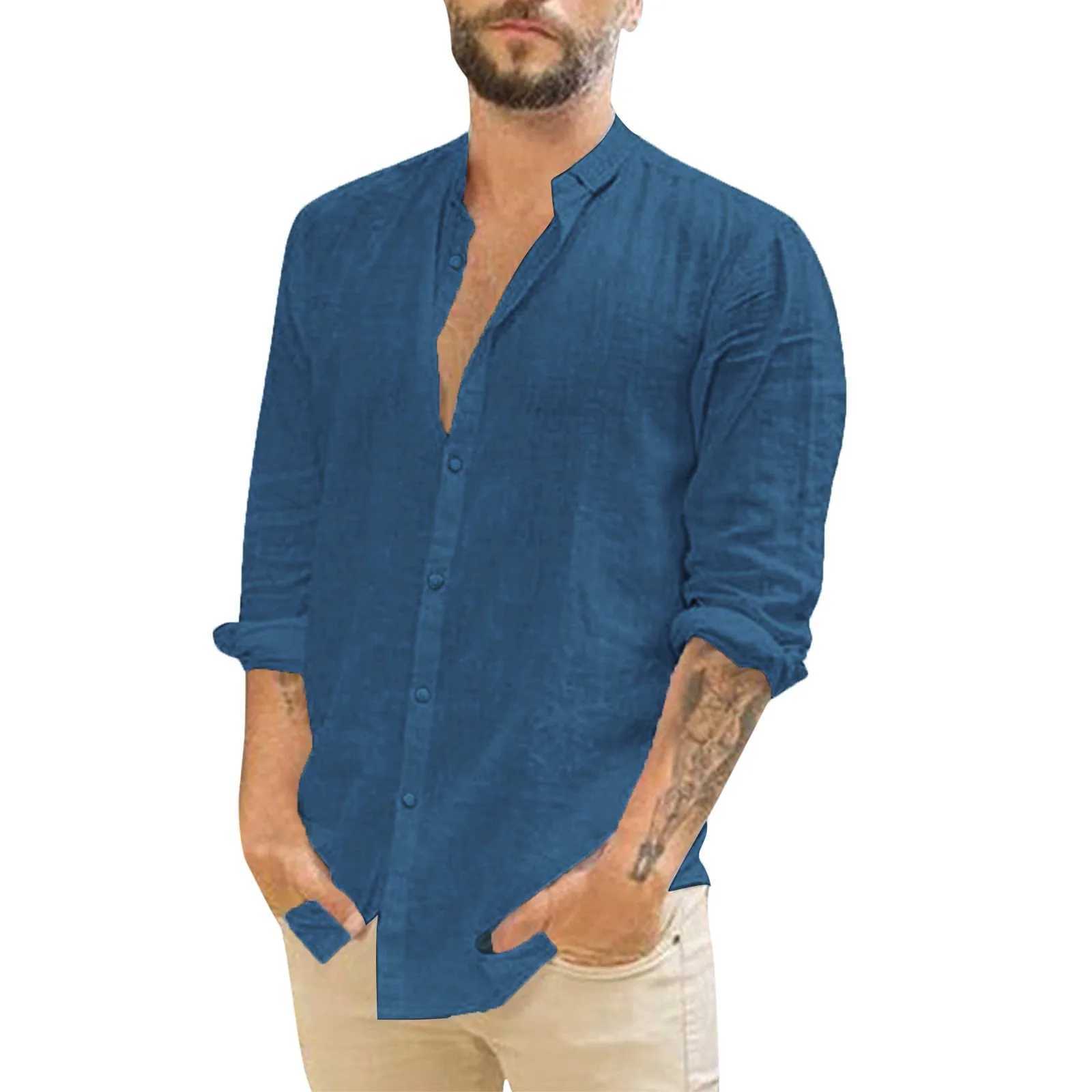 Camisas casuais masculinas linho de algodão Camisa verde masculina de manga longa de verão colar de cor sólida colar de praia Blouse PLUS TAMANHA 240416