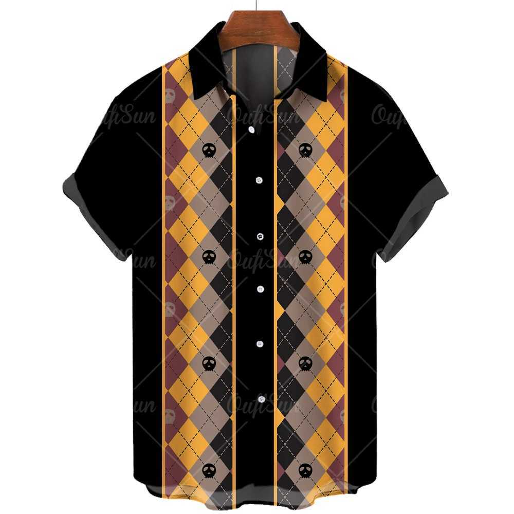 Men's Casual Shirts 2022 Oversized Mens Fashion Cashew Geometric Pattern Print Single Collar Short Sleeve Cardigan Men 24416