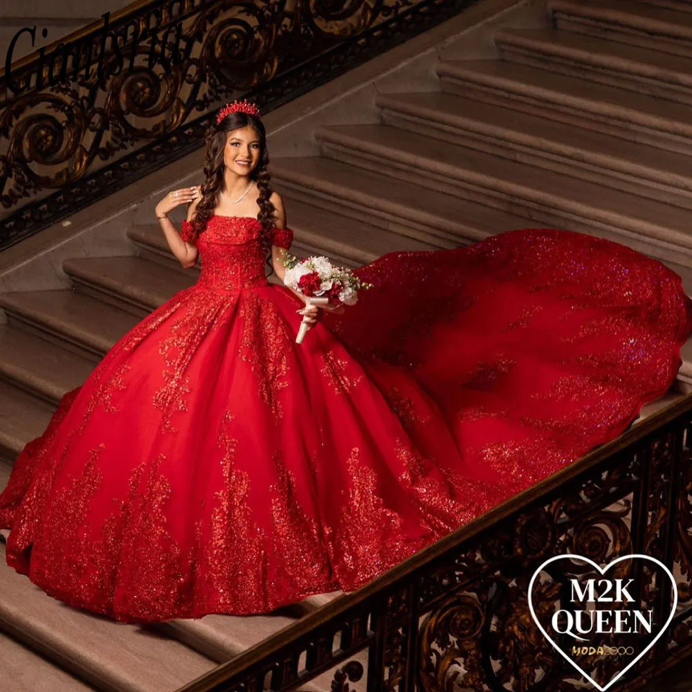 Sparkly Red Ball Jurk Quinceanera jurken 2024 Lace Appliques kralen zoete 16 jurk van de schouder verjaardagjurk