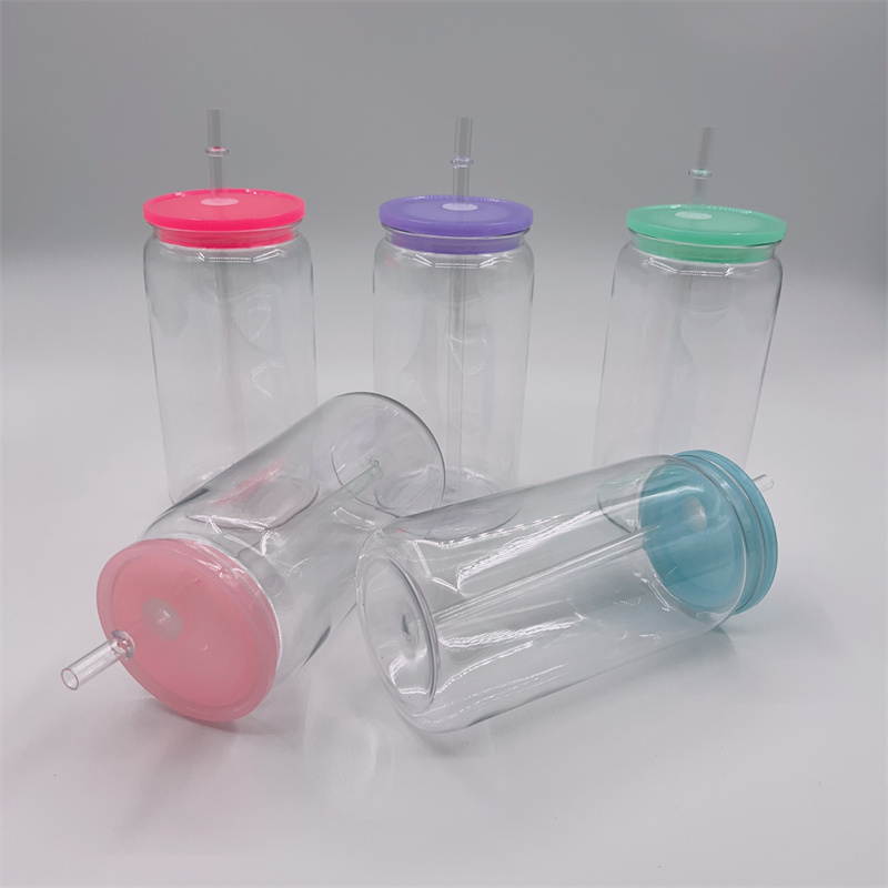 Unbreakablea 16Ozs Plastic Can Cups Acrylic Tumbler Reusable BPA Free Sippy Cup Drinking Cold Iced Juice Jar Beverage Mugs with Colored Lids Straws for UV DTFラップ