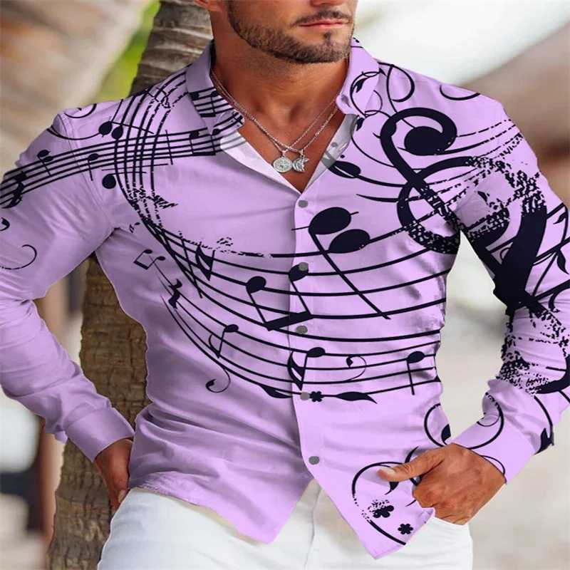 Męskie koszule 2024 NOWOŚĆ MENS Creative Music Modna luksus HD Graphic Collar Lapel Długie rękawie Designer Designer Note 24416