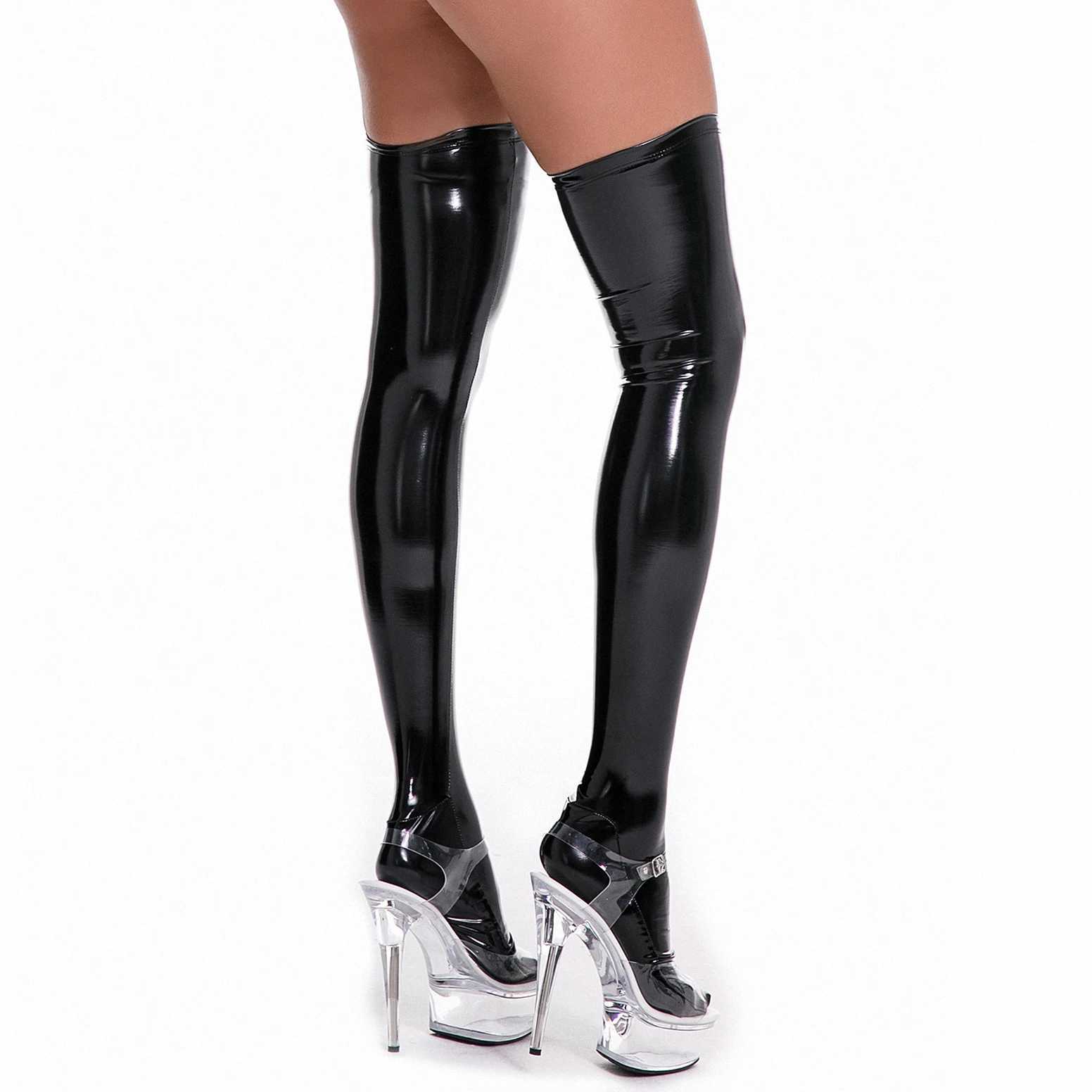 Sexy Socks 1-Latex Wet Look Faux Leather Thigh High Stockings Women Sexy Night Clubwear Long Knee Stockings PVC Leather Legging Socks 240416