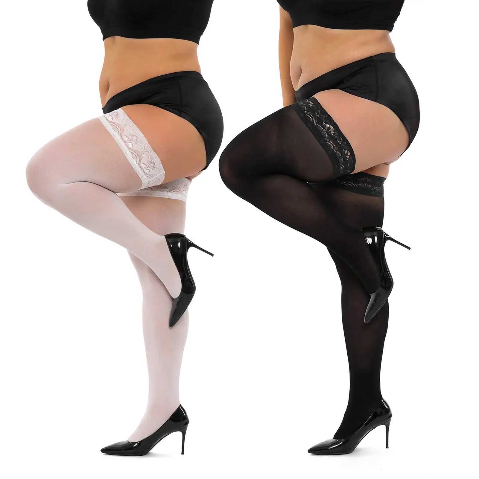 Sexy Socken Frauen sexy Oberschenkel lange Socken Plus Größe Strümpfe Schwarz weißer Spitzenoberteil über Knie hohe elastische Strümpfe mit Silikon-Anti-Rutsch 240416
