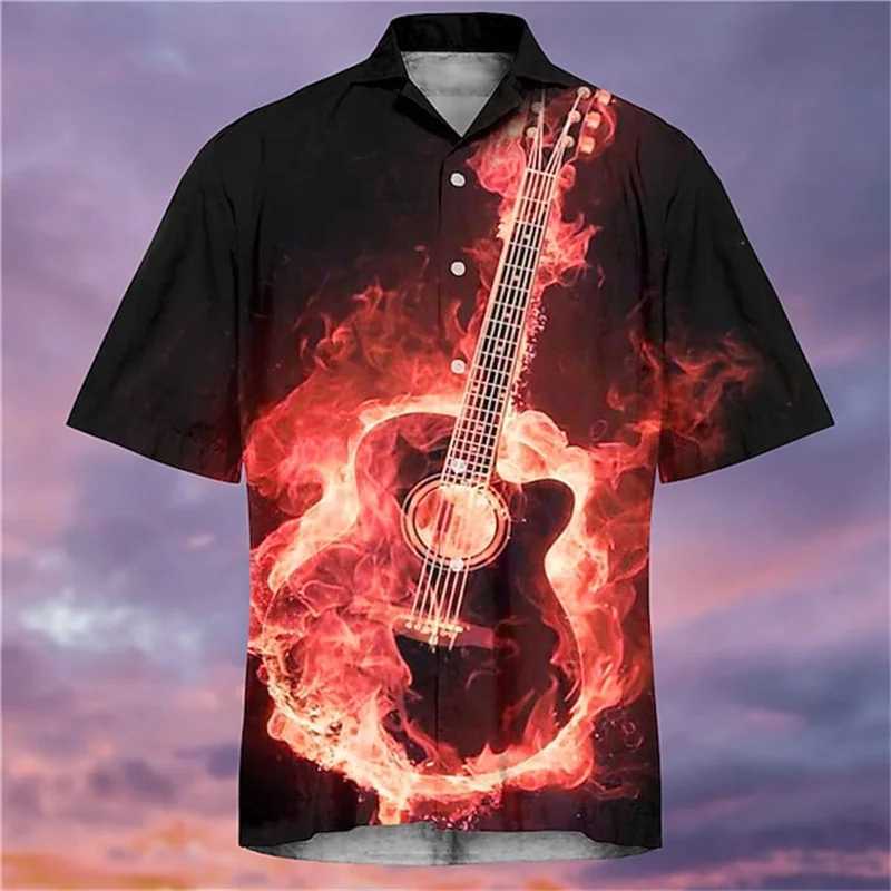 Chemises décontractées pour hommes Fashion Hawaiian Shirt Music Guitar Modèle Colaire à manches courtes surdimension