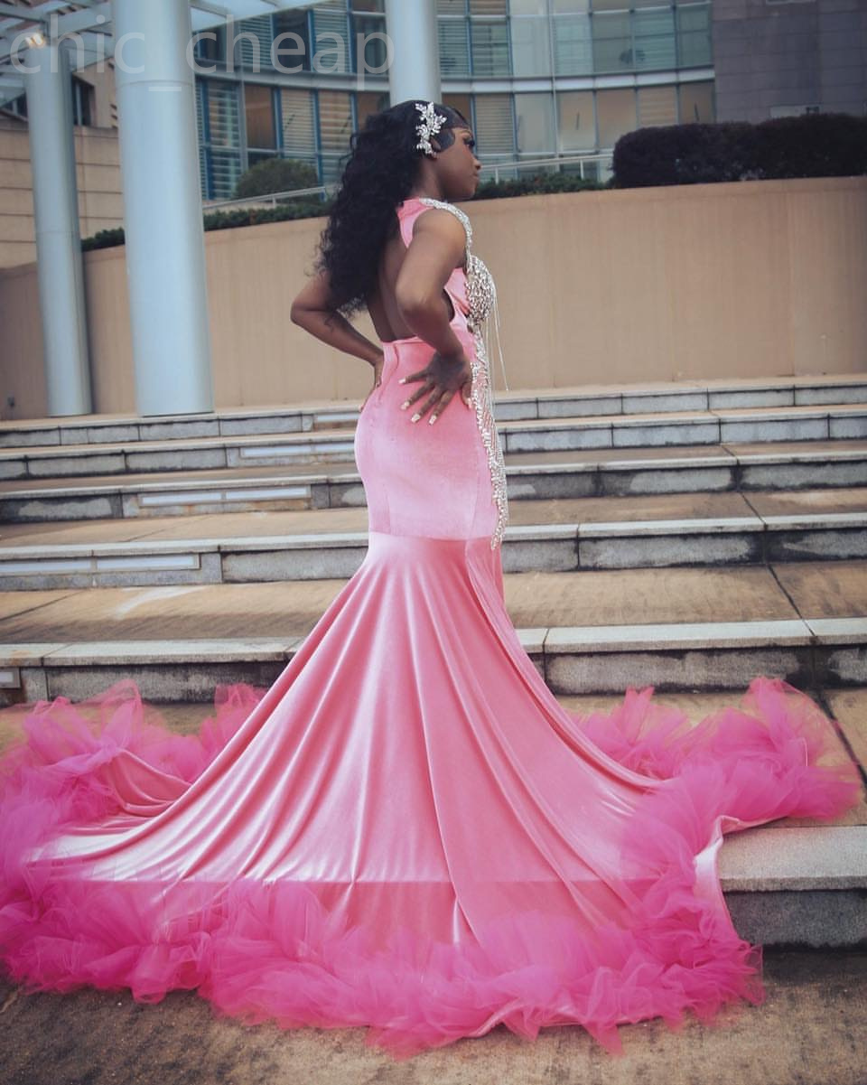 2024 Aso Ebi Pink Mermaid Prom Dress Crystals Beaded Velvet Evening Formal Party Second Reception 50th Birthday Engagement Gowns Dresses Robe De Soiree ZJ321