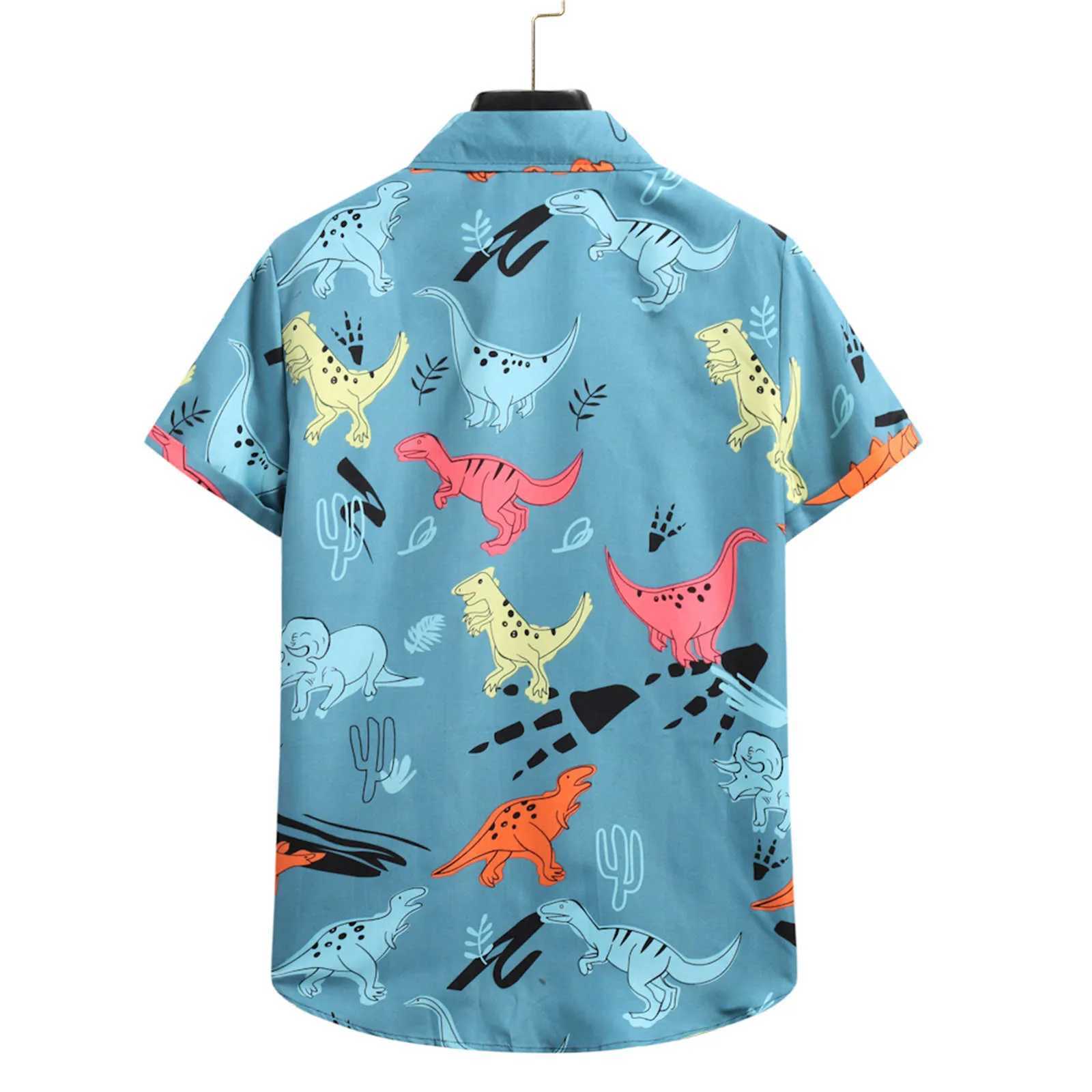 Camisas casuais masculinas Men camisa de verão estilo praia dinossauro estampado havaiano manga curta turn blouses colar blusas menino tops camisa homme 240416