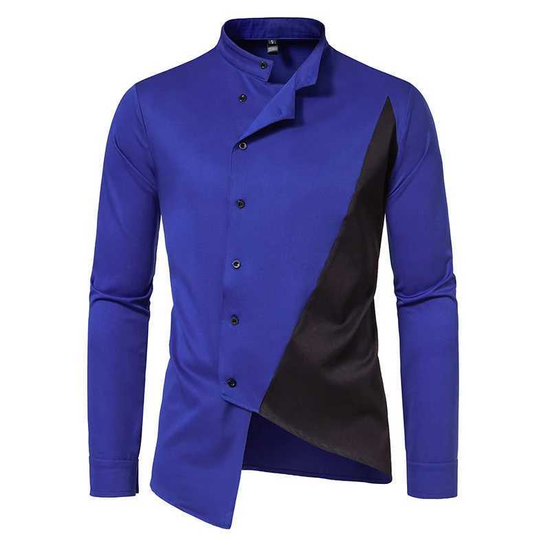 Camisas casuales para hombres nuevos para hombre bloqueo de color irregular camisa de manga larga vestimenta de cuello de pie africano botón de diseño 24416