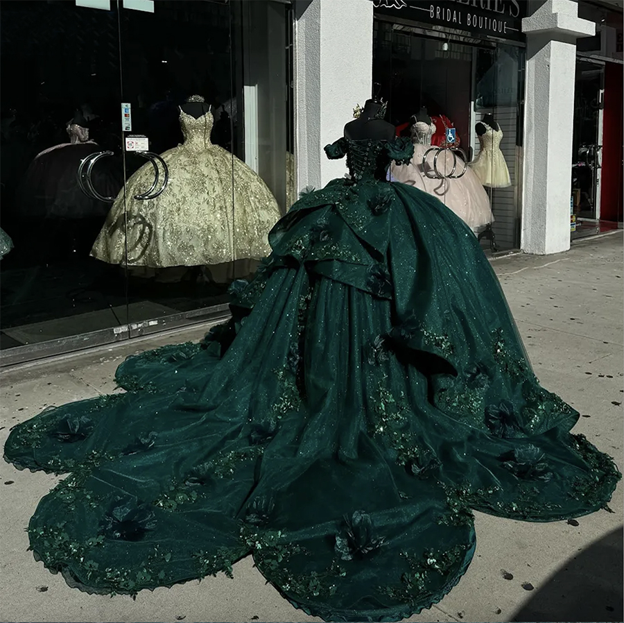 Attachable Dark Green Sweetheart Ball Gown Quinceanera Dresses Beading Pearls 3D Flowers Appliques Off Shoulder Sleeves Formal Dress Birthday Gowns