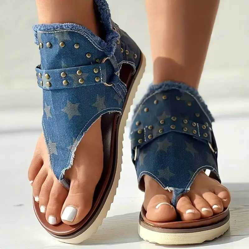 Sandales pour femmes décontractées denim sandales féminines gladiateurs sandales arrière zippé à bout ouvert des sandales en forme de glissade en T