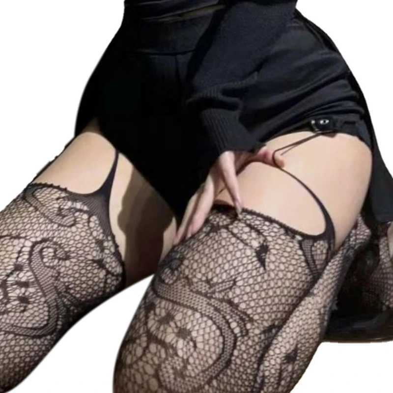 Sexy sokken vrouwen doorzien door viskus panty panter panty panties bloemen jacquard patroon sexy holle out mesh dij hoge kousen 240416