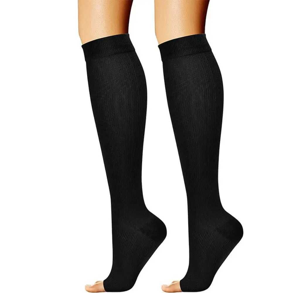 Sexy sokken s/m/l/xl/xxl Compressiesokken flexibele zwarte medische kompres sokken open teen knie knie hoge compressie sox voor vrouwen mannen 240416