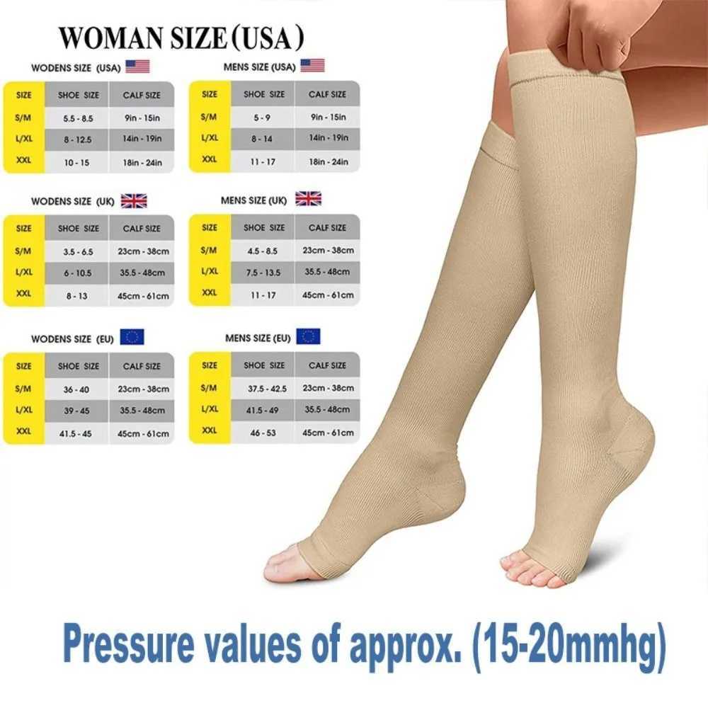 Sexy sokken s/m/l/xl/xxl Compressiesokken flexibele zwarte medische kompres sokken open teen knie knie hoge compressie sox voor vrouwen mannen 240416