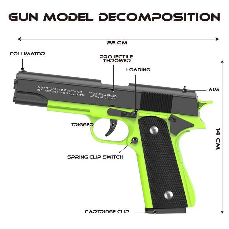 J2Ji Gun Toys 2024.Automatyczne Colt 1911 Shell Wyrzucanie pistoletów pistoletowe pistolety. G17 Pistol Armas Children CS strzelanie do broni 240417