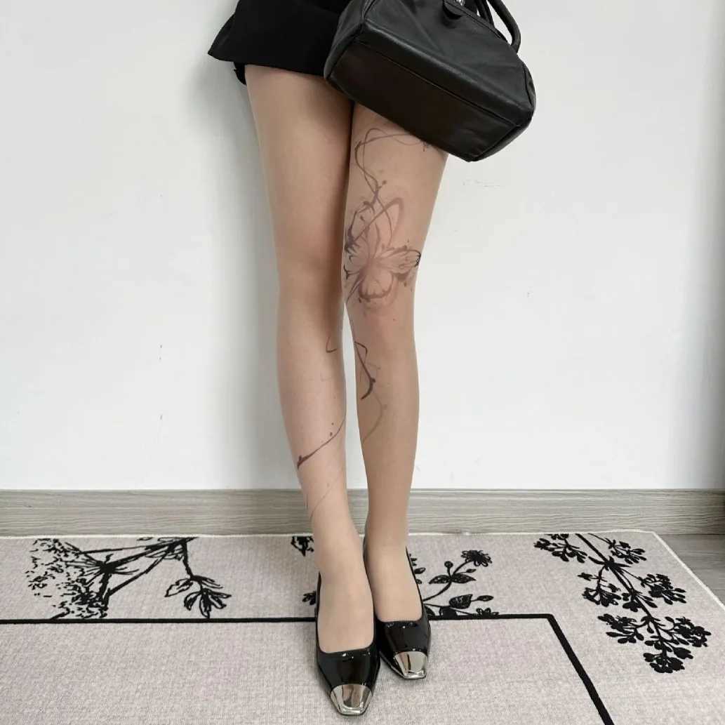 Sexy Socks Sexy Women Butterfly Tattooed Stockings Splash Ink Design Punk Pantyhose Punk Letter Thin Anti Hook Tights Lace Party Tights 240416