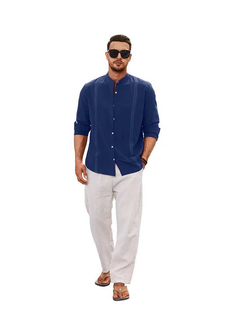 Camisas casuais masculinas masculam o botão de linho de guayabera para baixo para baixo para a manga da banda colar