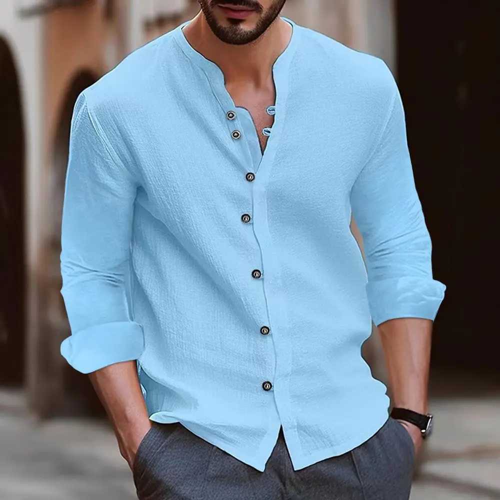 Camisas casuais masculinas 2024 Cânhamo de algodão Hot Sell Mens Camisa de manga longa Autumn Summer Soll Colle Stand Collar Casual Beach Style 24416