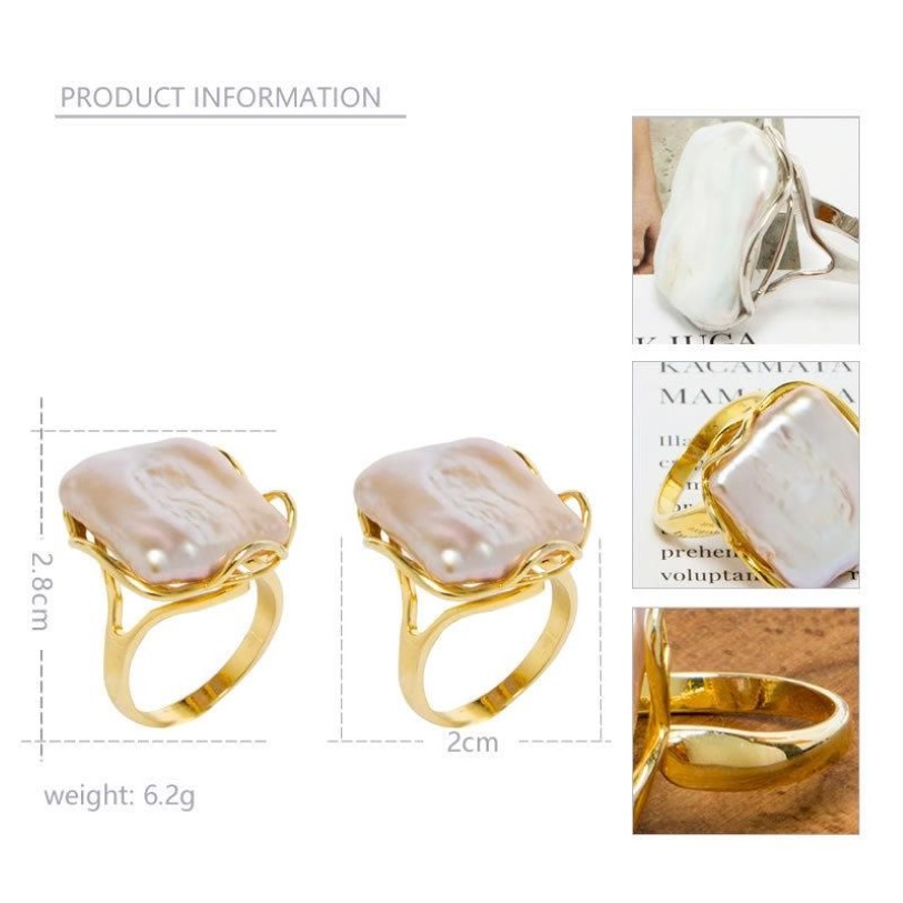 Cluster Rings BaroqueOnly Natural Freshwater Baroque Pearl Ring Retro Style 14K Notes Gold Irregular Shaped Square RFB1346M