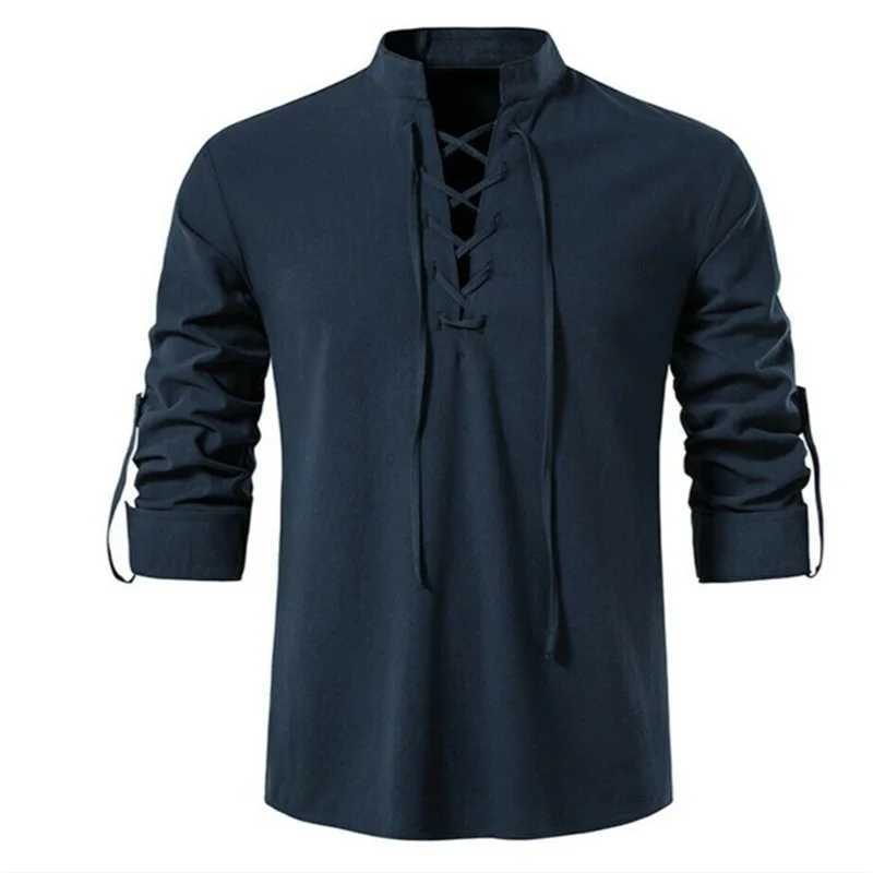 Chemises décontractées masculines 2022 NOUVELLE MENSE V V V V V V T-CHIRT T-SHIRT Vintage mince à manches longues Men Homme Breffe-Front Lace Up Man 24416