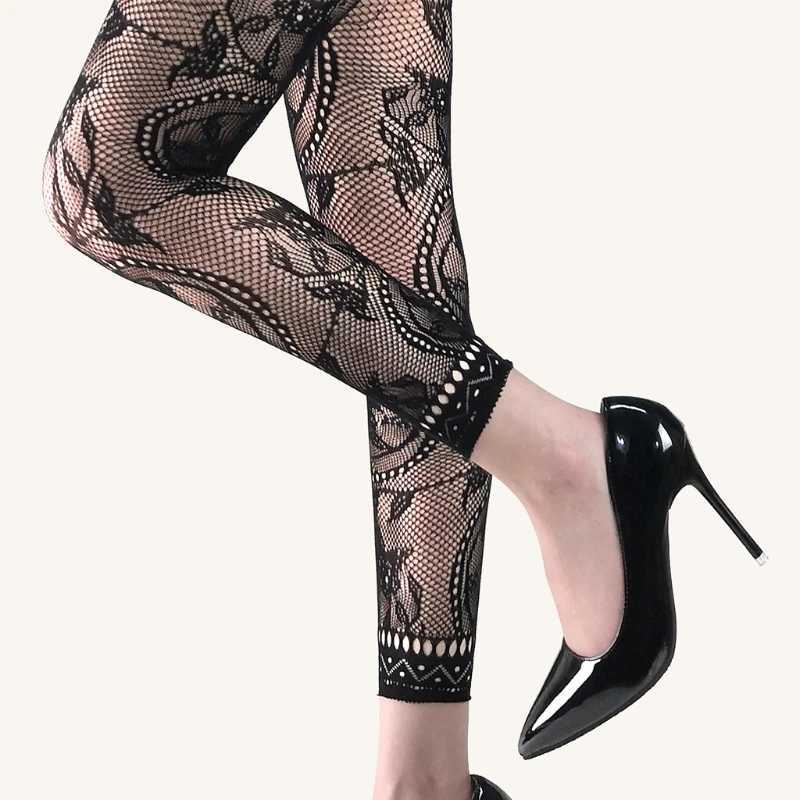 Sexy Socks Women Sexy High Waist Fishnet Footless Leggings Flower Jacquard Patterned Mesh Net Tights Black Ankle Pantyhose Stocking 240416