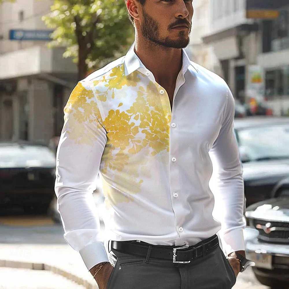Erkekler Sıradan Gömlekler Erkek Yaprak Çiçek Baskı Uzun Kollu Flip Yaka Düğmesi Gömlek Sokak Giysileri Artı Yazlık Yeni 2024 240416