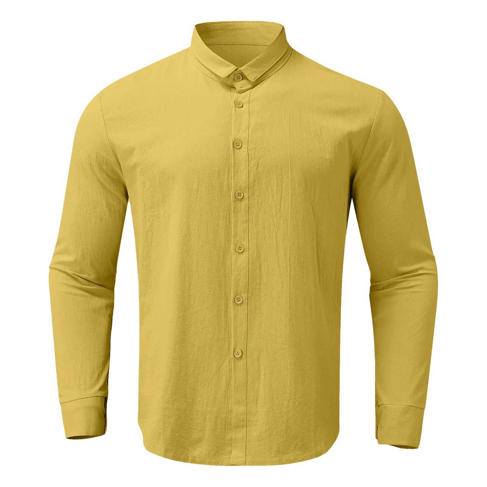 Camisas casuais masculinas linho de algodão Camisa verde masculina de manga longa de verão colar de cor sólida colar de praia Blouse PLUS TAMANHA 24416