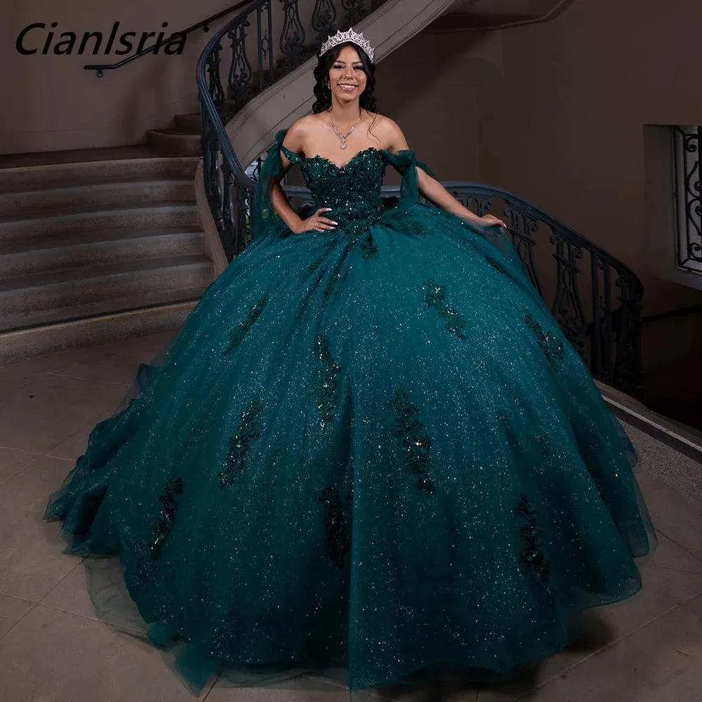 Hunter Green perle Crystal Bow Quinceanera Robes Robe de bal hors de l'épaule Appliques Vestidos corset de dentelle de 15 anos