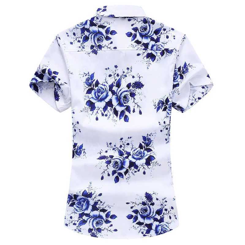 Mäns avslappnade skjortor Den nya vita korta ärmtryckskjorta för sommarmens plus -storlek Enstaka breasted fyrkantig krage är Camisa/Chemise 24416