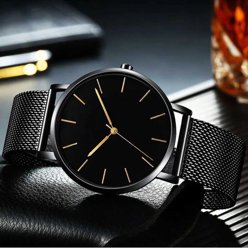 Montre-bracelets Bracelet magnétique Watch Bracelet Ultra Thin Quartz Slim Mesh en acier imperméable Sport noir Relogie Masculino D240417