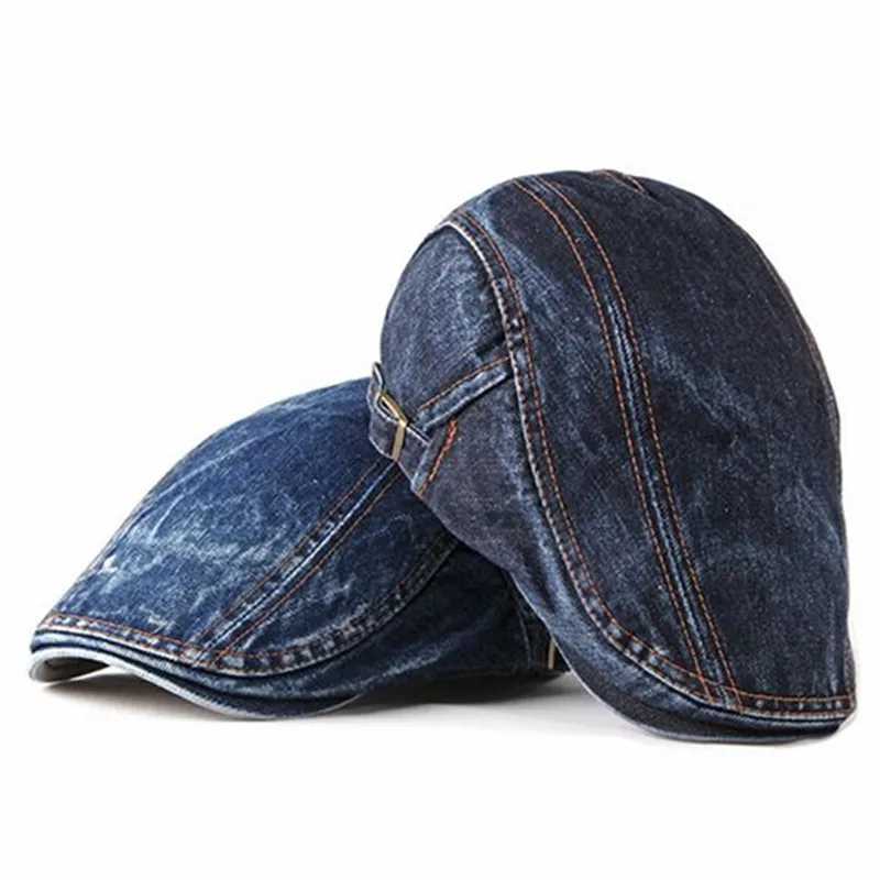 Berets Spring Summer Solid Color Newsboy Caps Men Washed Denim Cotton Flat Peaked Cap Women Painter Beret Hats 16 d24417