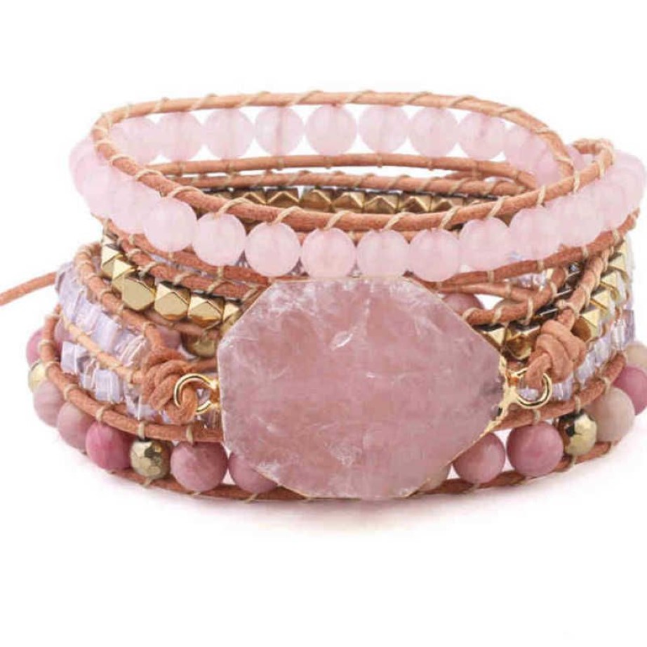 Bracelet en pierre naturel bracelets en cuir rose bracelets pour femmes rose gemmes perles de cristal Bohême bijoux 5 strand211e